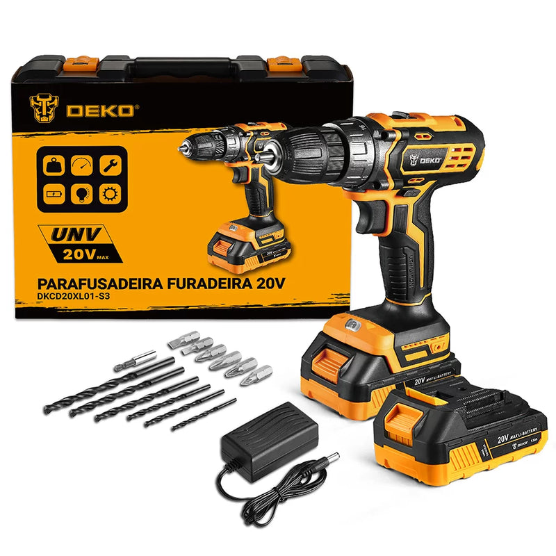 Parafusadeira Furadeira 3/8 Pol. 20V com 2 Baterias Carregador e Maleta com Acessórios – DEKO