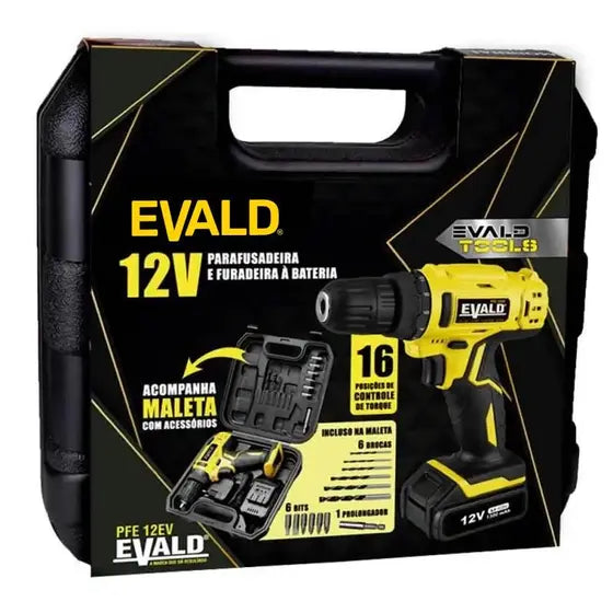 Parafusadeira e Furadeira à Bateria 12V Bivolt PFE-12EV com Maleta e Kit EVALD