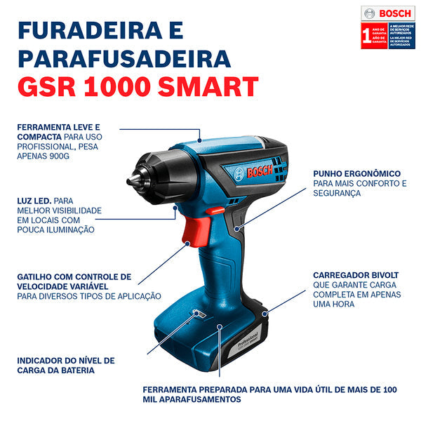 Furadeira e Parafusadeira a Bateria Smart Bosch com Carregador 10 Bits e Extensor Universal 12V 1/4" GSR 1000 Bivolt